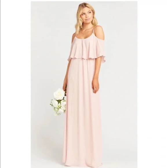 Show Me Your Mumu Caitlin Ruffle Maxi Bridesmaid Dress in Pink Chiffon, Size S